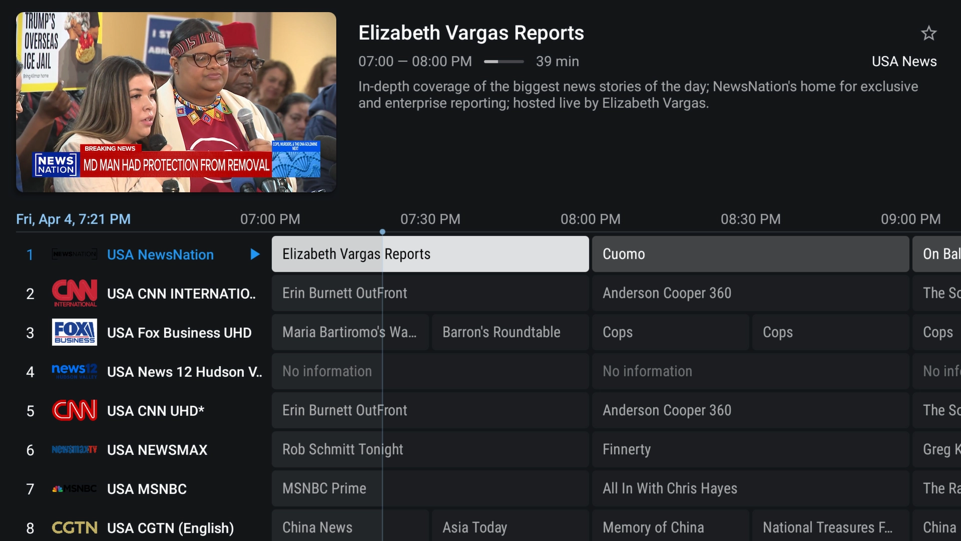 Full-screen EPG guide